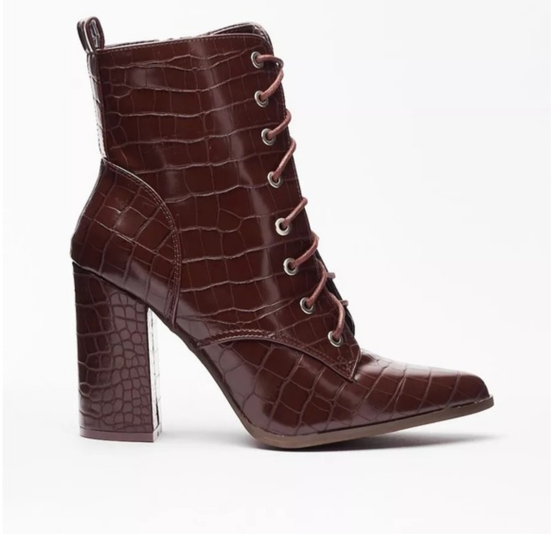 نیم بوت زنانه پاشنه بلند طرح کروکودیل قهوه ای /مدل بند دار شیک و مجلسی