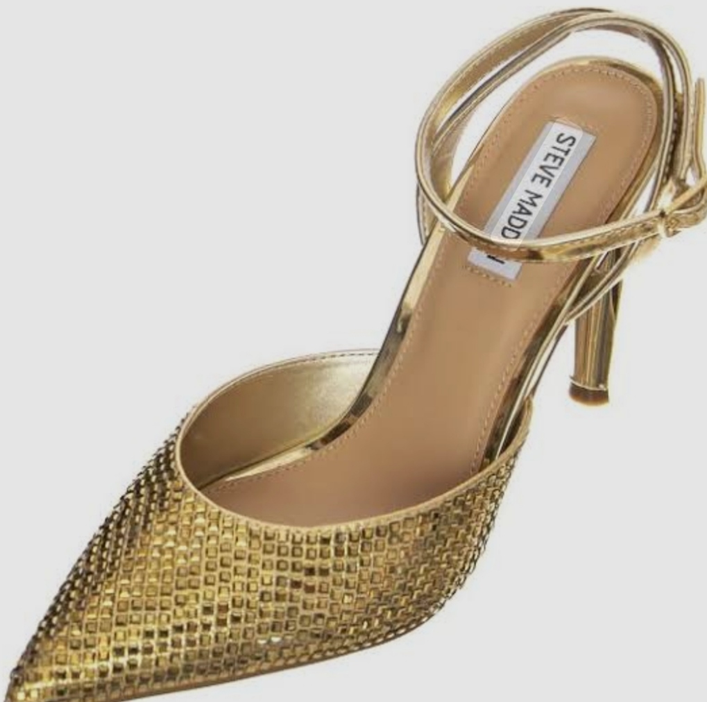 کفش پاشنه‌بلند طلایی زنانه استیو مدن  مدل مجلسی بنددار با طرح پوست‌ماری