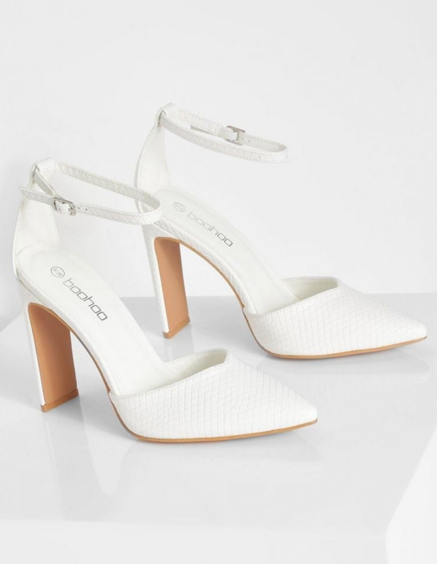 کفش پاشنه بلند زنانه سفید مدل بند مچی پاشنه پهن شیک و مجلسی  نوک‌باریک طرح‌دار