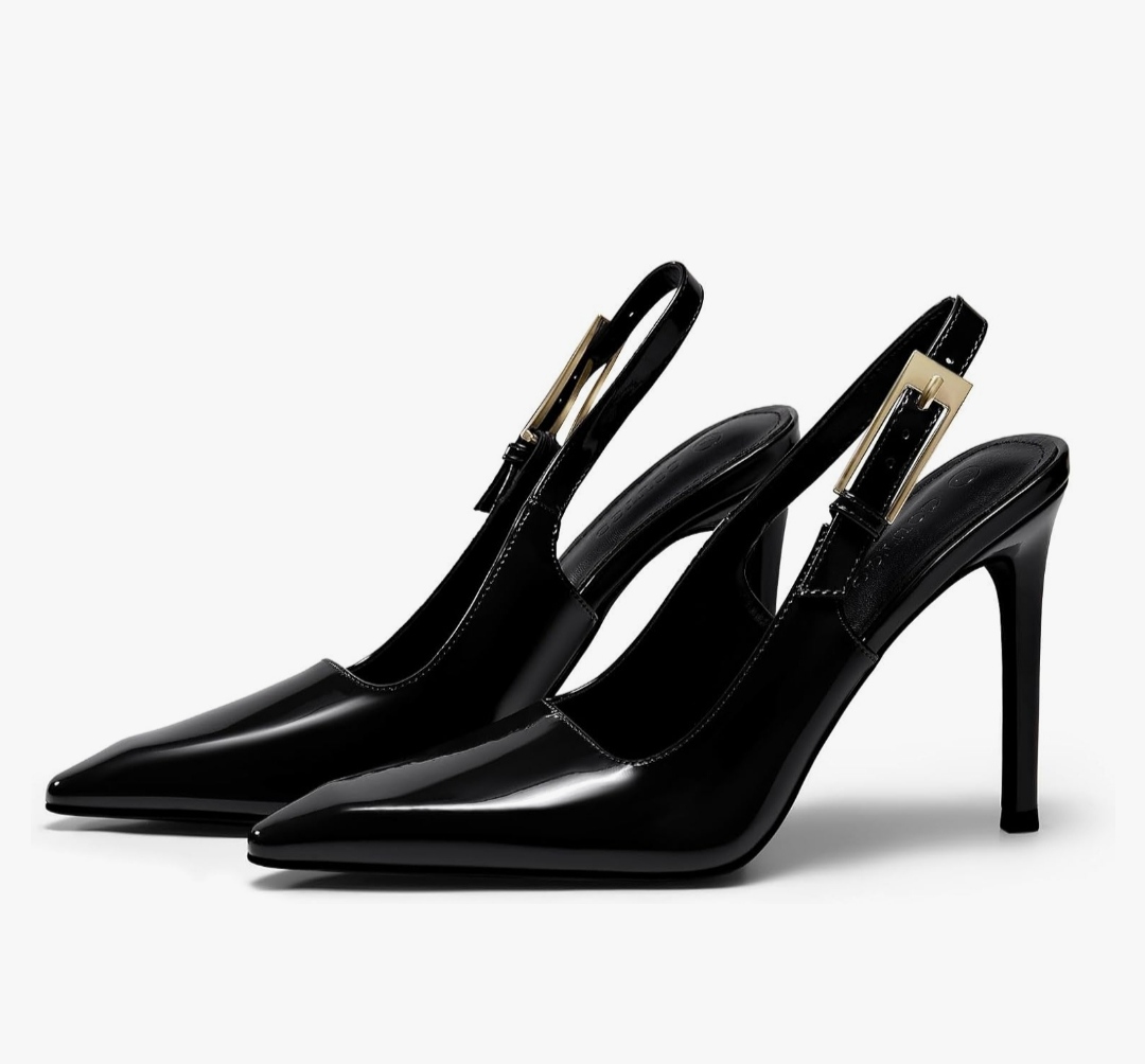 کفش پاشنه بلند زنانه مشکی براق مدل پشت‌باز پاشنه سوزنی شیک و مجلسی