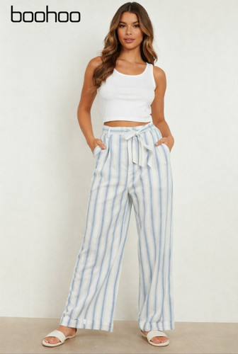 شلوار زنانه راهراه فاق بلند مدل آزاد تابستانی رنگ سفید آبی