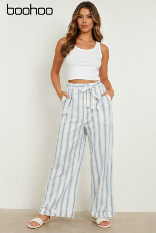 شلوار زنانه راهراه فاق بلند مدل آزاد تابستانی رنگ سفید آبی