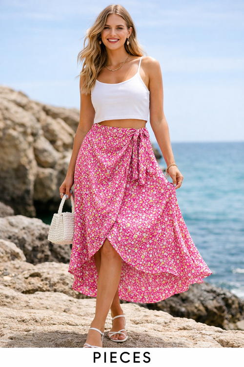 دامن گلدار زنانه صورتی PIECES مدل wrap تابستانی