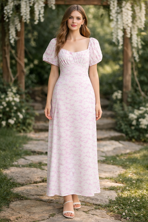 پیراهن زنانه ماکسی گلدار صورتی آستین پفی