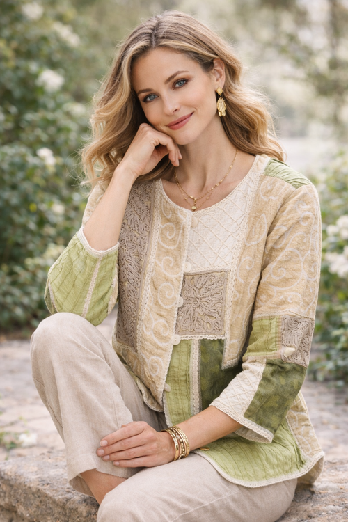 مانتو ژاکارد تکهدوزی دستدوز زنانه رنگ سبز کرم