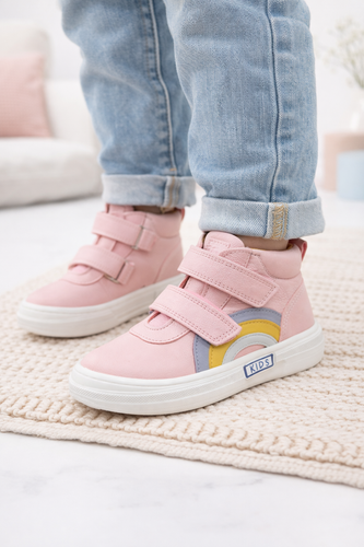 کفش بچگانه دخترانه صورتی ساقدار با طراحی رنگینکمانی و کفی طبی