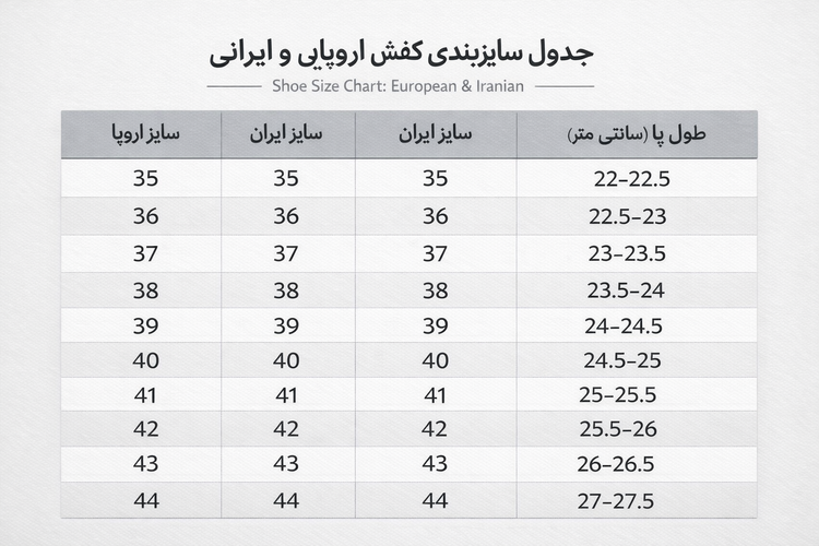 جدول سایز بندی