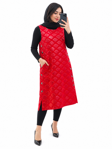 سارافون زنانه قرمز ژاکارد دکمه دار