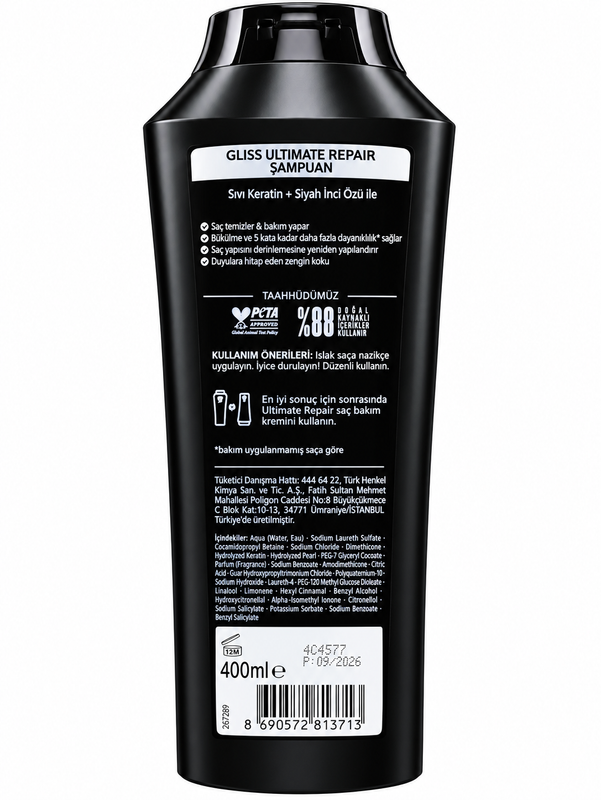 پشت بطری شامپو گلیس Ultimate Repair 400 میلی لیتر