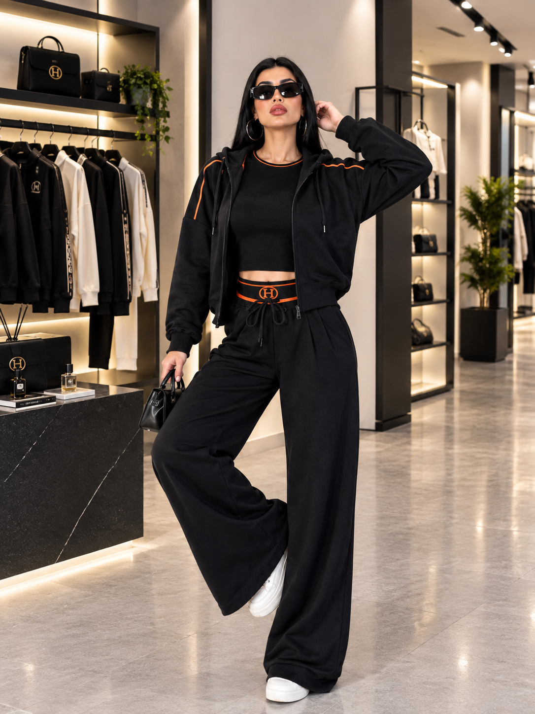 ست ورزشی زنانه HERMES مشکی | هودی، تاپ کراپ و شلوار | سایز S و M