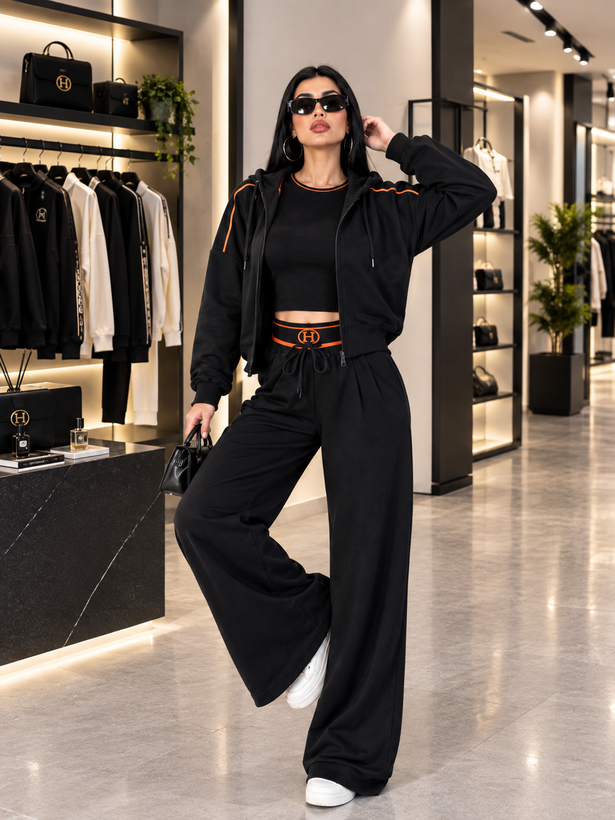 ست ورزشی زنانه HERMES مشکی | هودی، تاپ کراپ و شلوار | سایز S و M