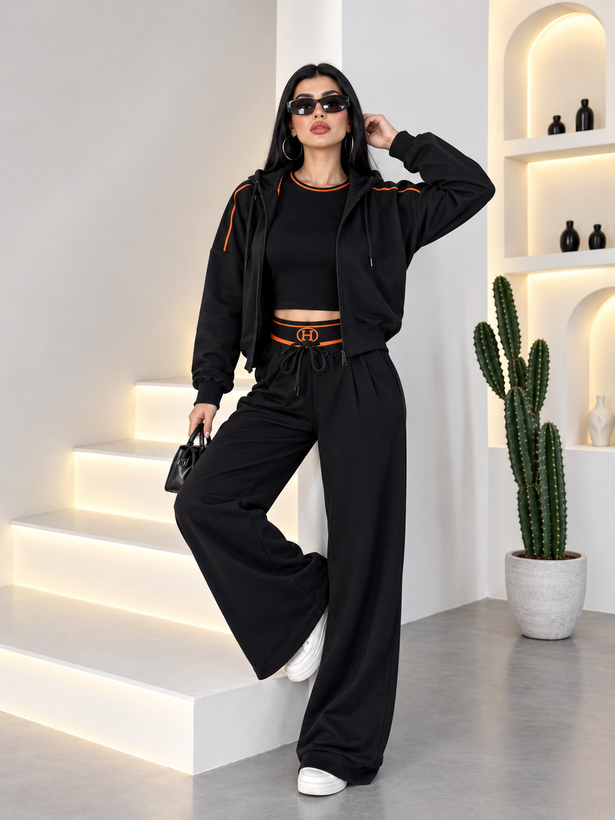 ست ورزشی زنانه HERMES مشکی | هودی، تاپ کراپ و شلوار | سایز S و M