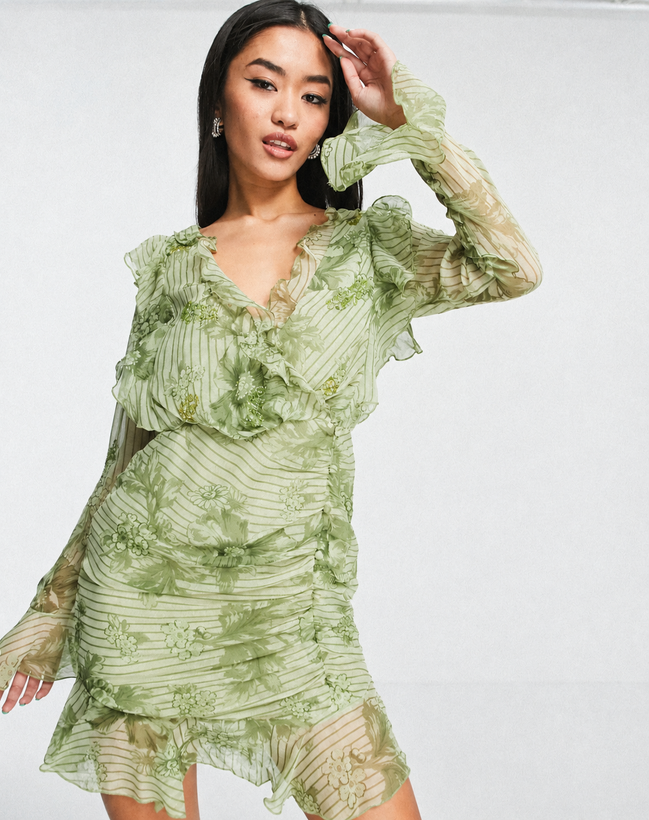 پیراهن زنانه ASOS DESIGN سبز گلدار کوتاه آستین بلند