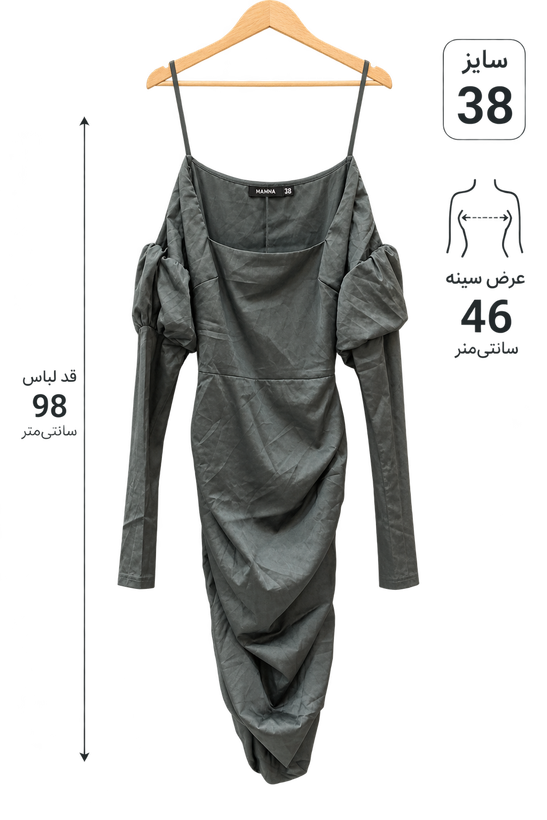 پیراهن مجلسی زنانه ساتن مشکی مدل دراپه با آستین پفدار | قد ۹۸ سانتیمتر